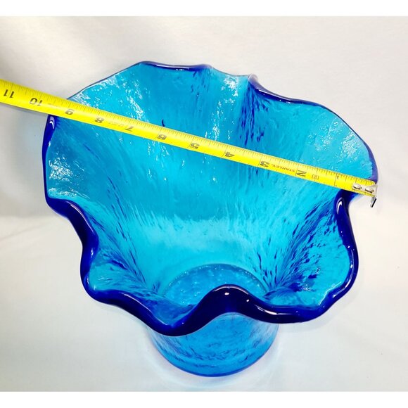 Murero Italian Recycled Glass handkerchief vase/bowl in deep aqua, Empoli Italy - Picture 6 of 7